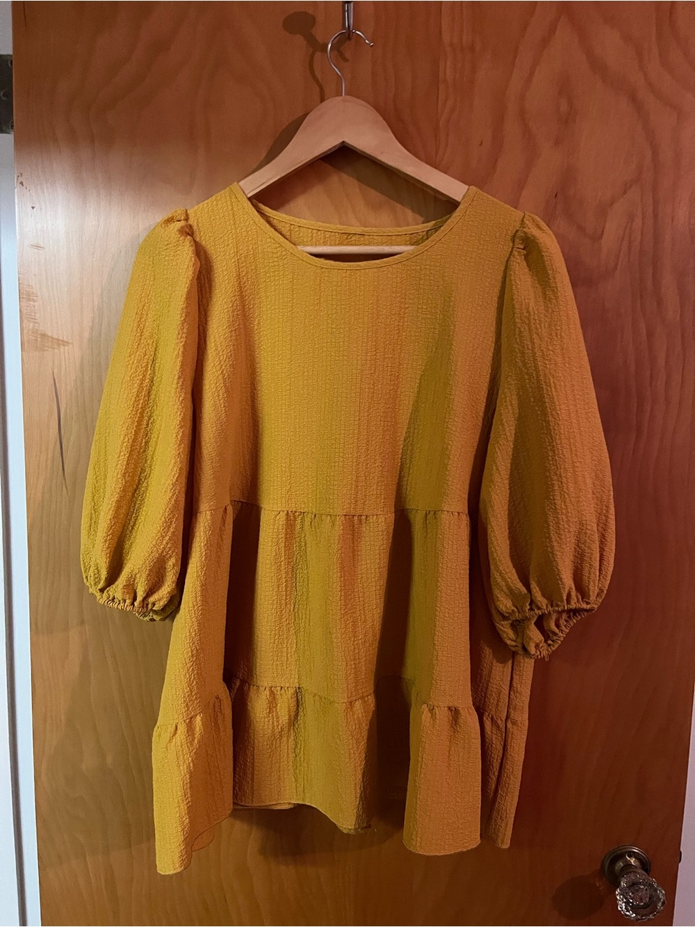 Textured Puff Sleeve Tiered Blouse - Mustard Yellow